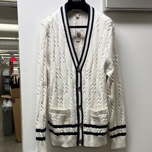 White Cardigan with Navy Trim
